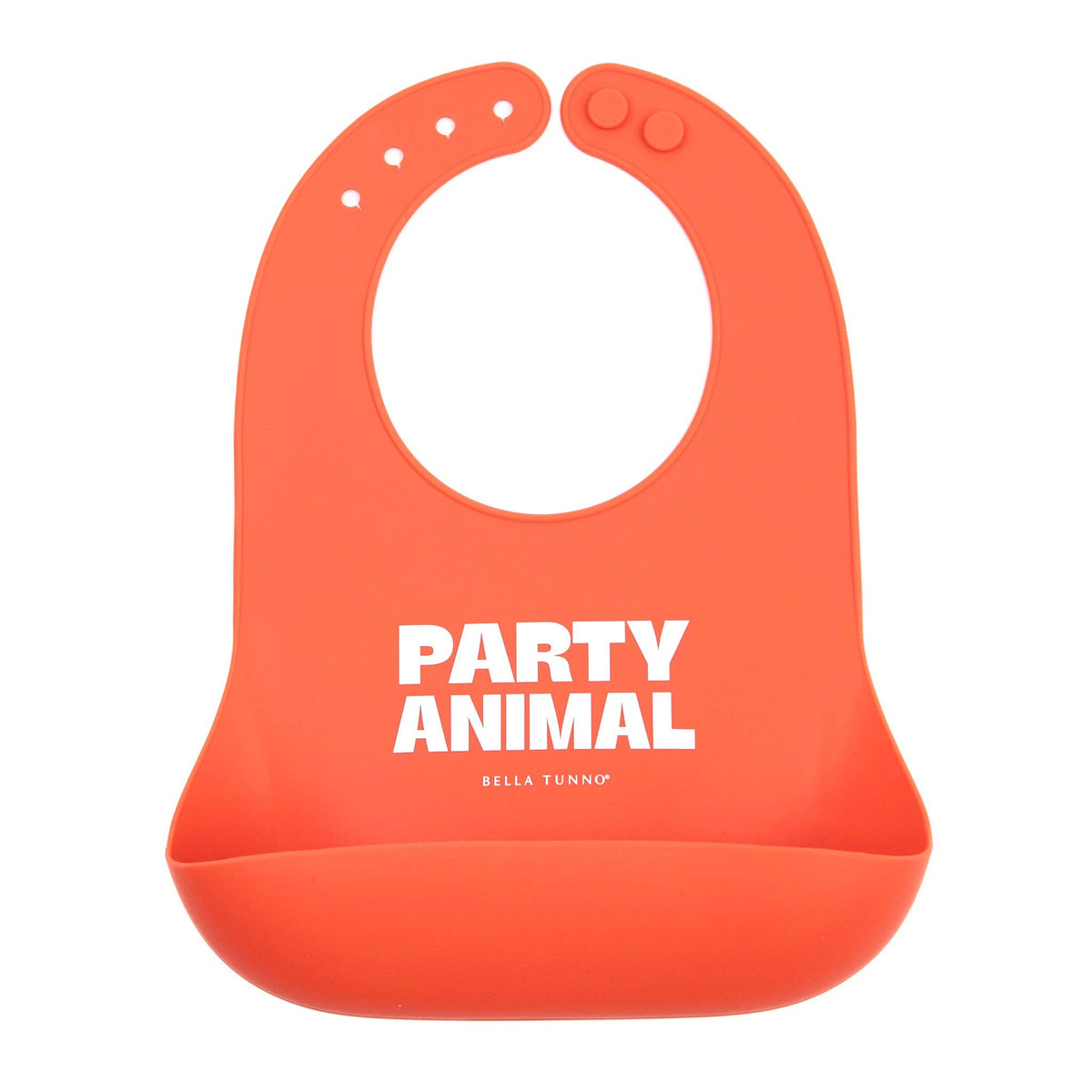 Bella Tunno Party Animal Wonder Bib in orange, soft silicone baby bib with fun animal design and adjustable neck strap.