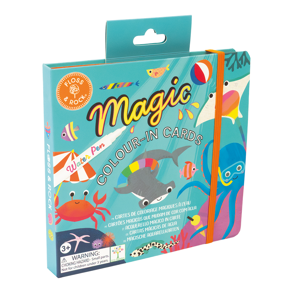 Color-changing water cards featuring ocean scenes by Floss and Rock, with vibrant ocean illustrations on a water-reactive card.