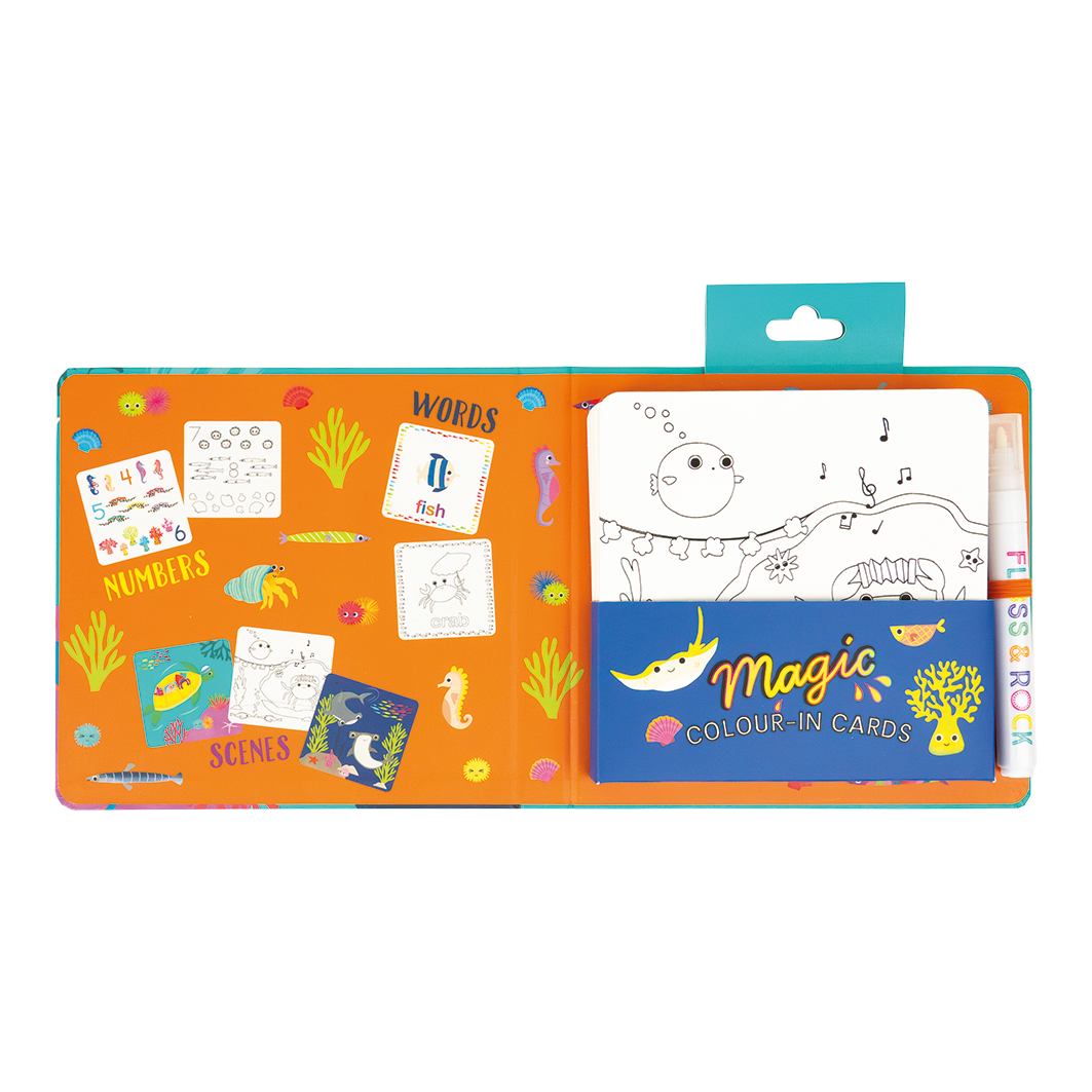 Color changing water cards featuring ocean designs by Floss and Rock, showcasing vibrant aquatic imagery.