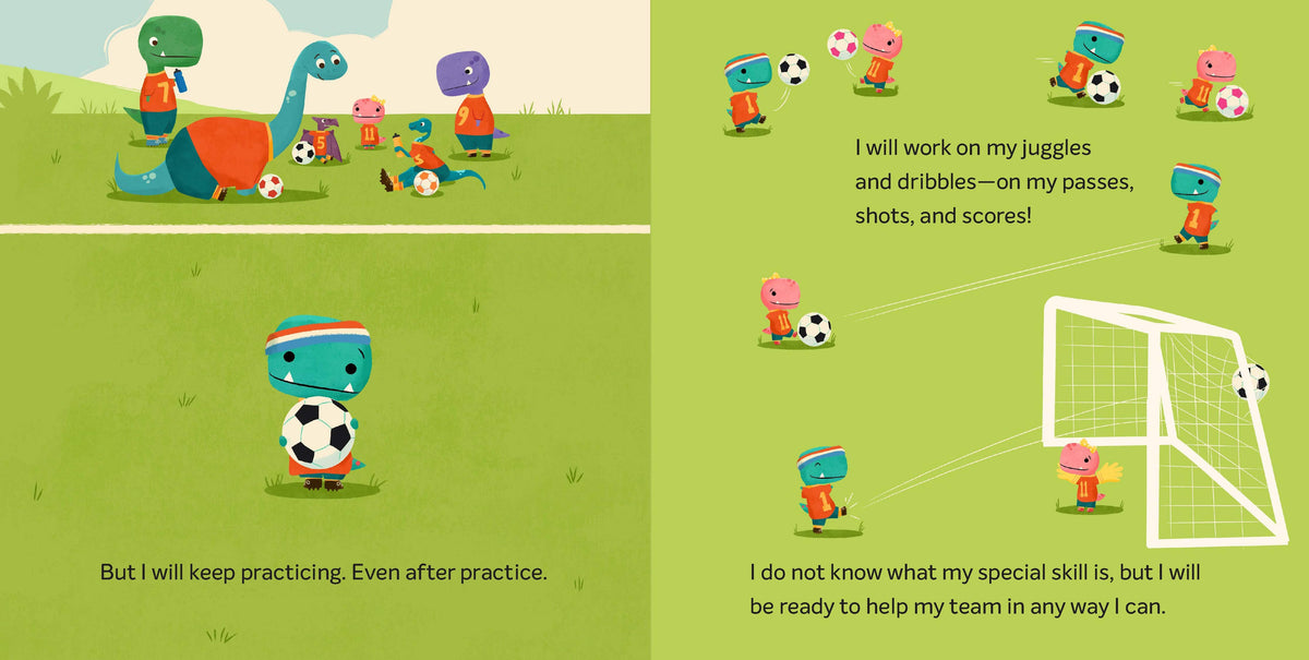 Tiny T. Rex Tries Soccer book cover by Chronicle Books featuring a playful T. Rex character ready to play soccer.