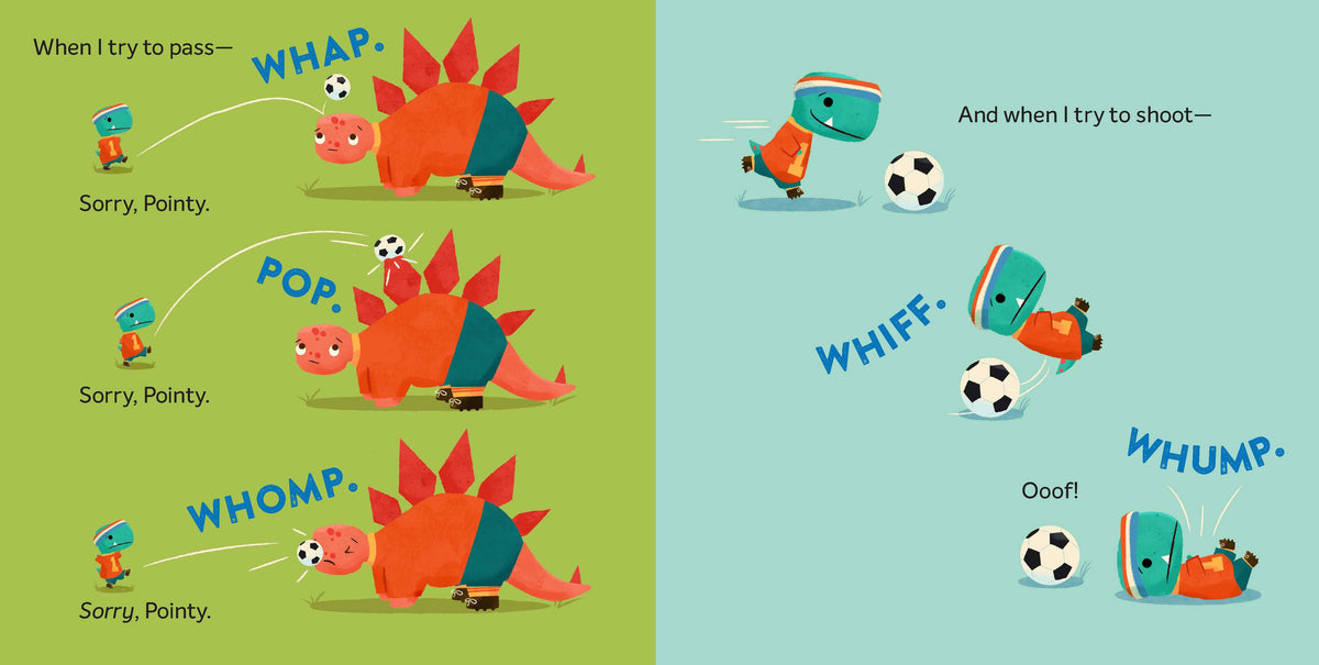 Tiny T. Rex in a soccer uniform from Chronicle Books, depicted trying to kick a soccer ball in a playful illustration