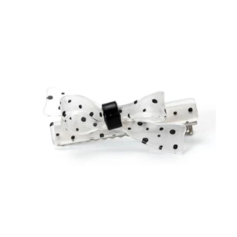 Black dots bow hair clip by Lilies & Roses NY, stylish accessory with a classic bow design featuring black polka dots.