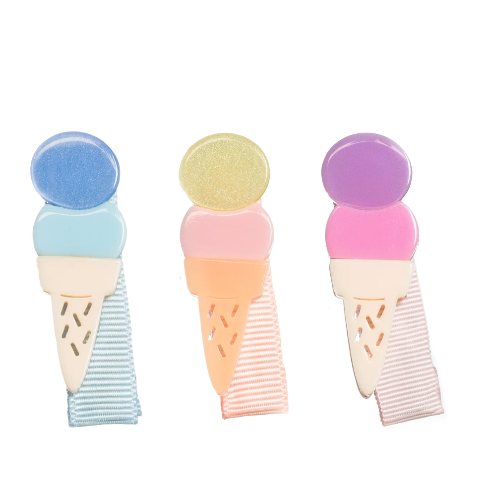 Pastel double scoop ice cream hair clips by Lilies & Roses NY, cute pastel-colored accessories for hair styling.