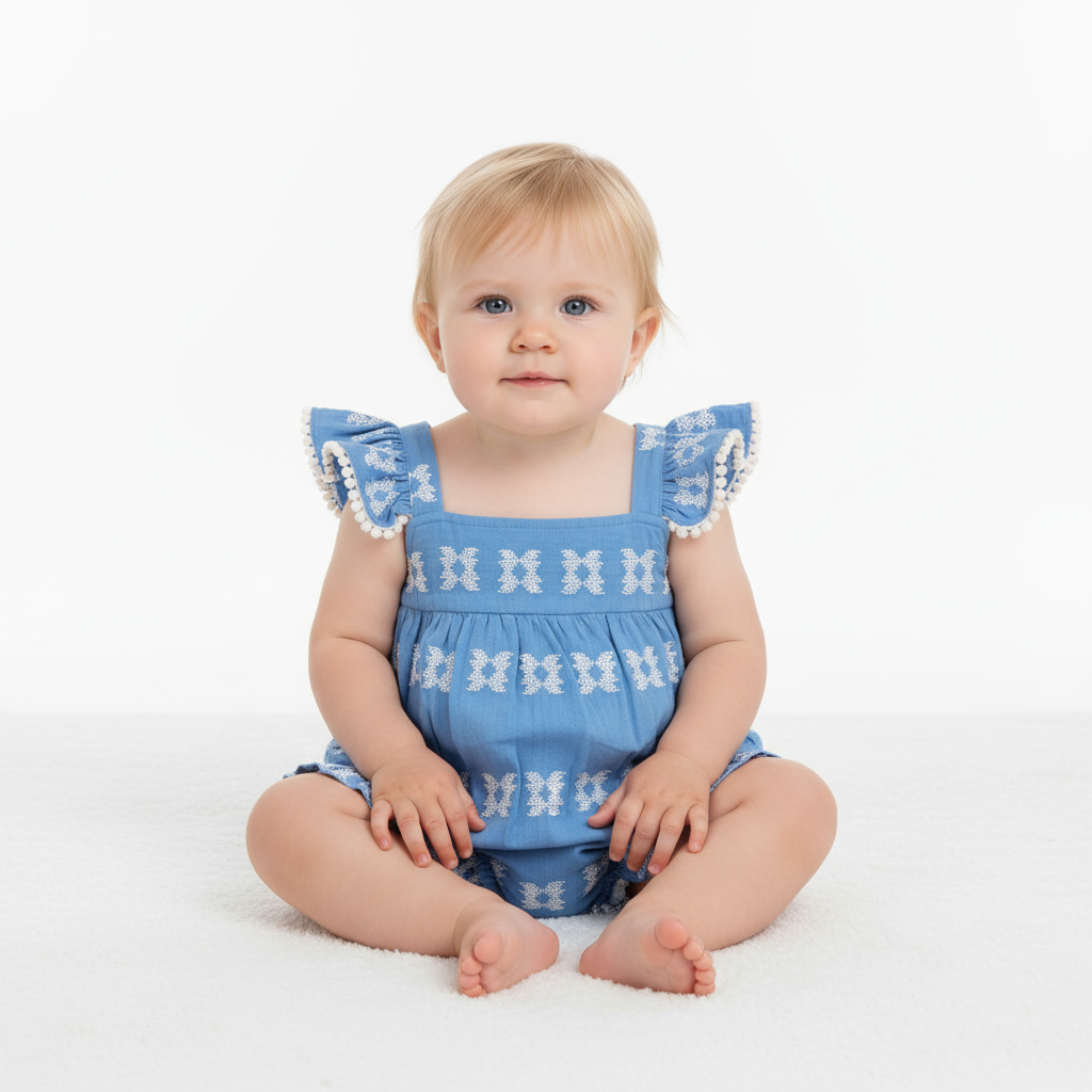 Chloe baby romper sky white embroidery: Sky Blue