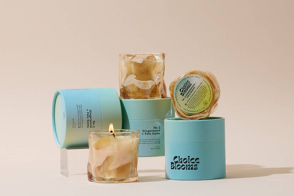 7.2oz Choice Blooms No. 2 Gingerwood and Palo Santo candle with a natural wood and citrus scent, in a glass jar.