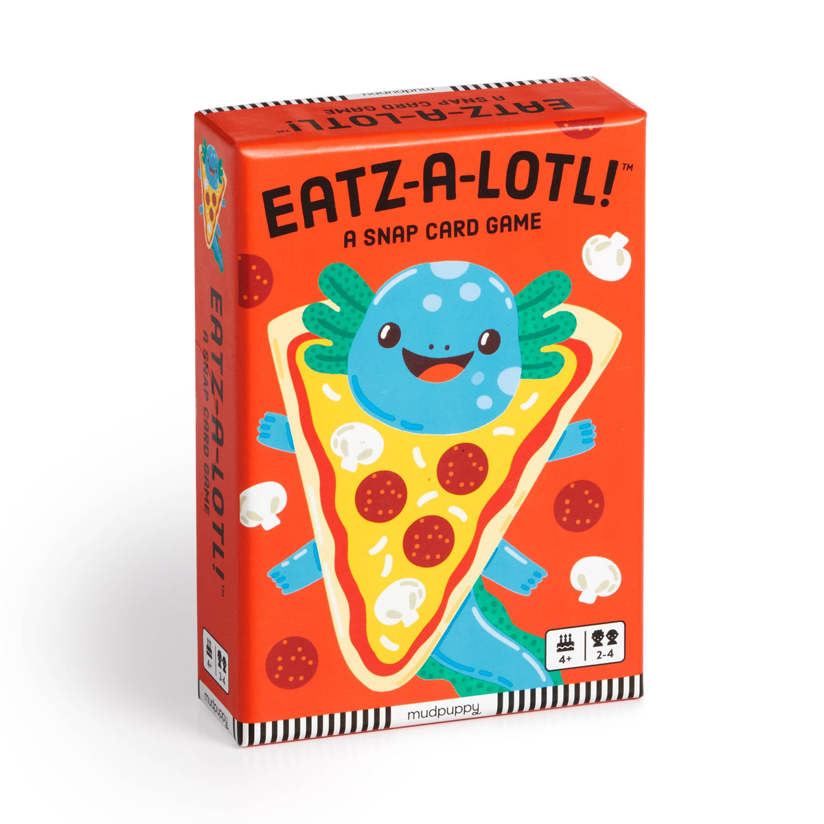 Eatz-a-lotl! card game by Chronicle Books featuring colorful game cards with animal illustrations on a table.