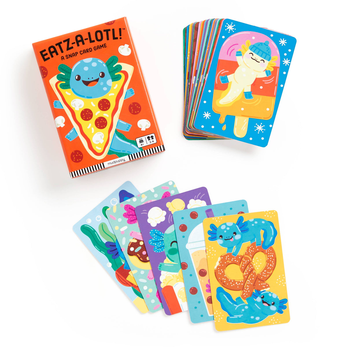 Eatz-a-lotl! card game by Chronicle Books featuring colorful illustrated animal cards and game components on a white background.