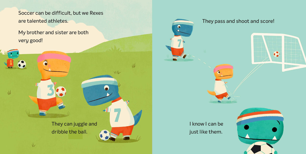 Tiny T. Rex from Chronicle Books tries playing soccer in this colorful illustration featuring a small T. Rex and a soccer ball.