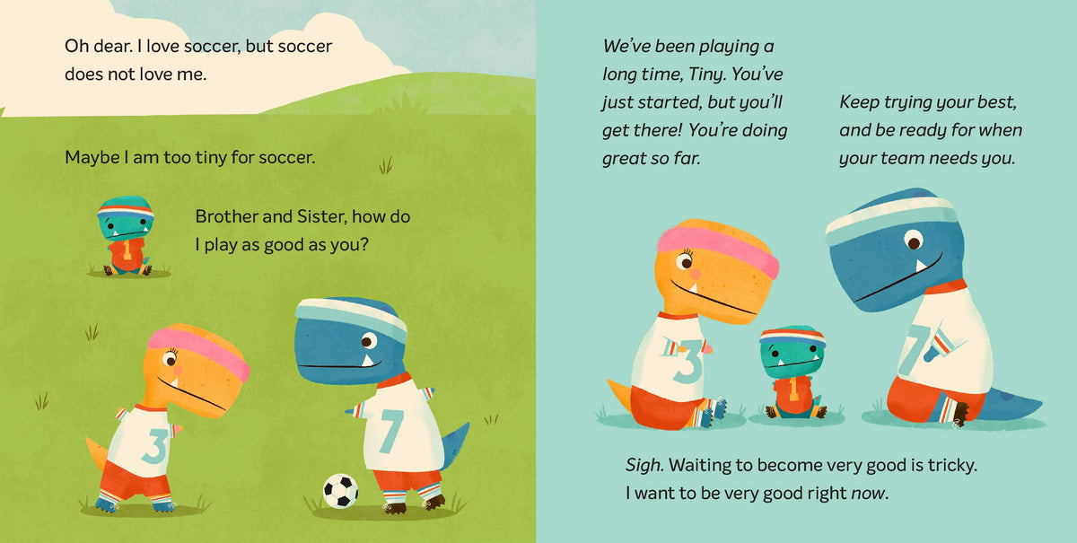 Tiny T. Rex Tries Soccer book by Chronicle Books featuring a colorful illustration of a tiny T. Rex playing soccer.