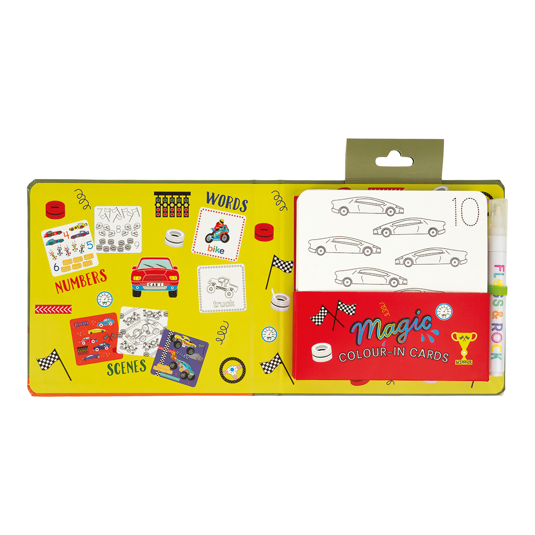 Color-changing water cards featuring cars from Floss and Rock, with vibrant images and playful designs for kids.