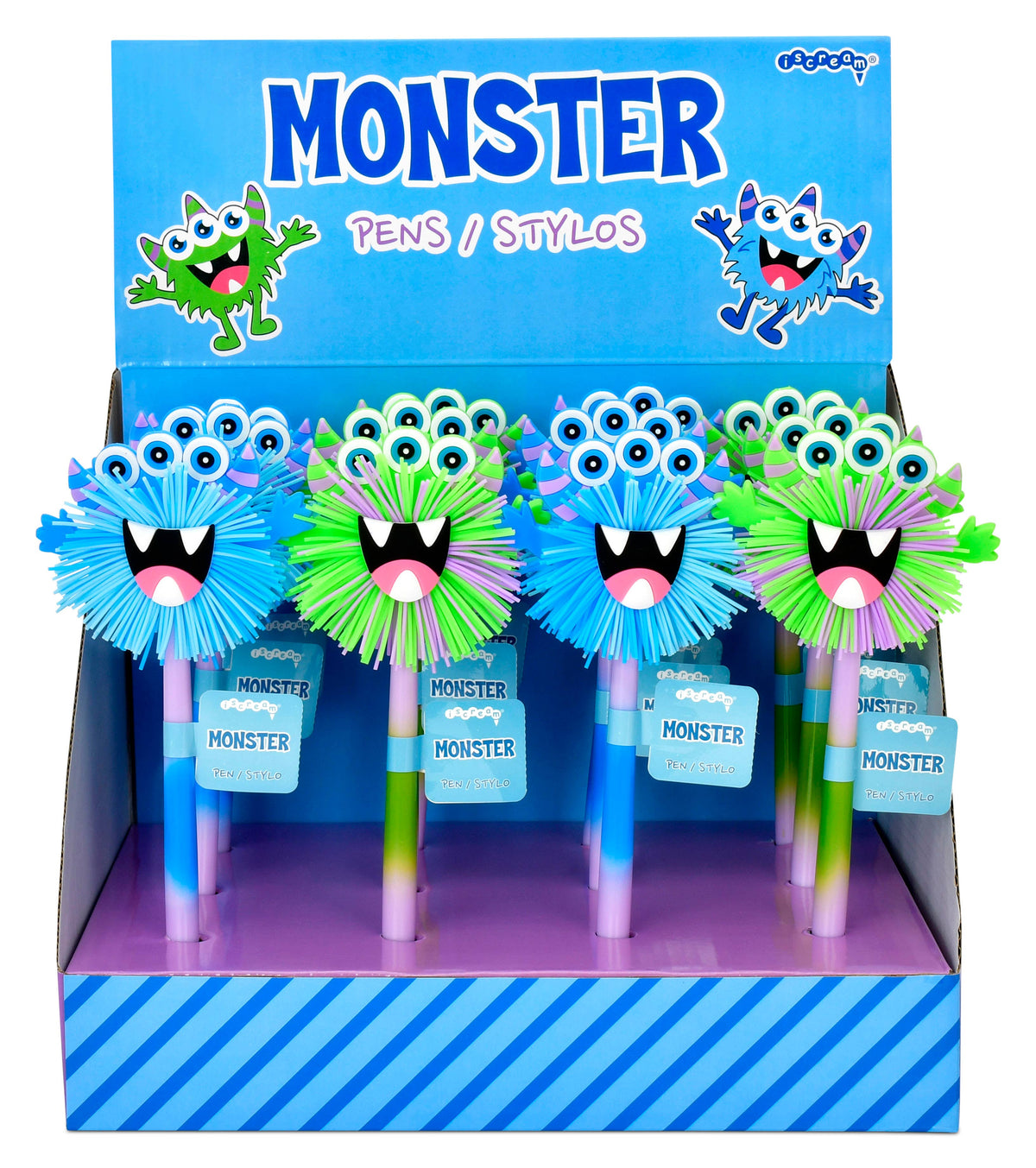 Set of 12 Iscream Monster Pens with colorful cartoon monster designs, perfect for writing and school supplies.