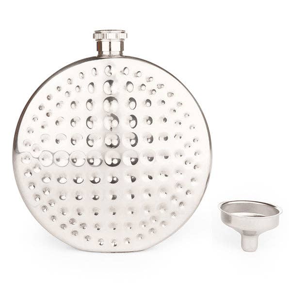 Kikkerland Design Inc golf ball flask showing a realistic golf ball design with a metal cap for beverages.