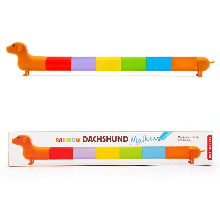 Rainbow dachshund markers set by Kikkerland Design Inc, featuring colorful dachshund illustrations on each marker.
