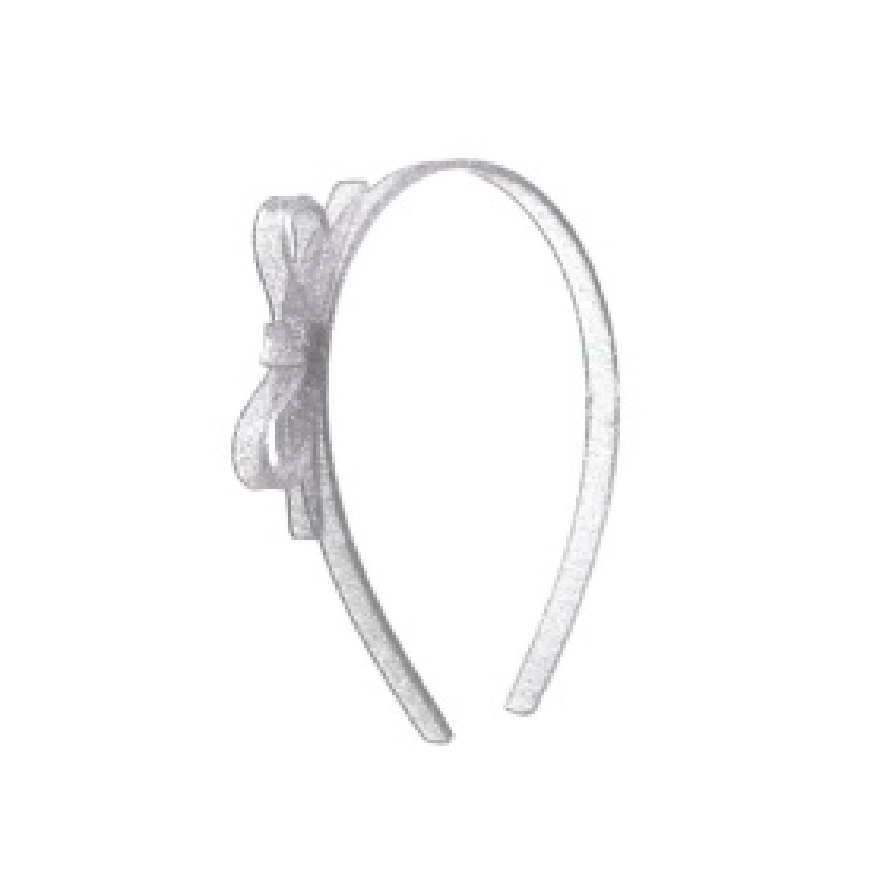 Silver glitter headband with thin bow design from Lilies & Roses NY, featuring a stylish and shiny accessory for special occasions.