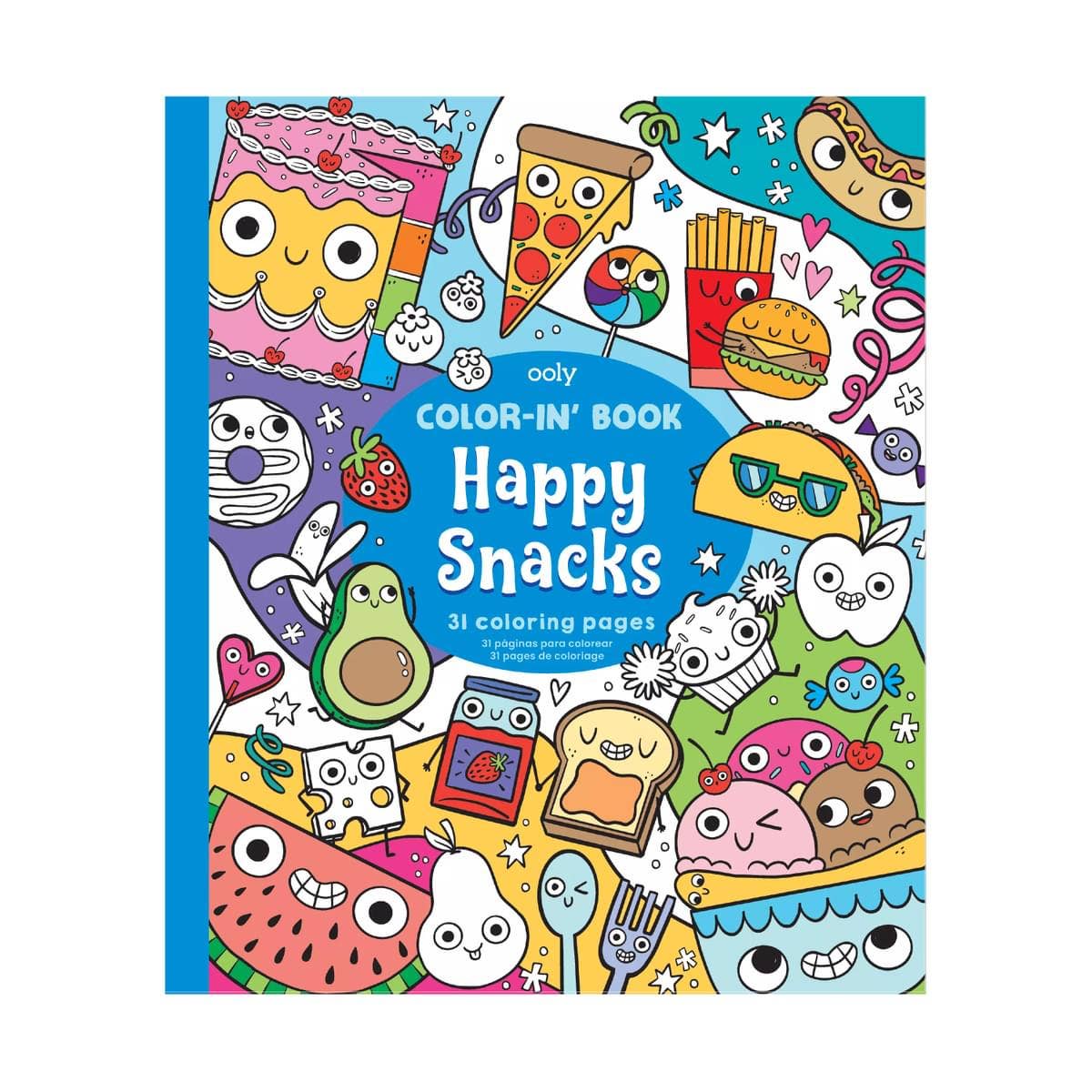 Color-in' Book: Happy Snacks coloring book by OOLY featuring fun snack-themed illustrations for kids to color.