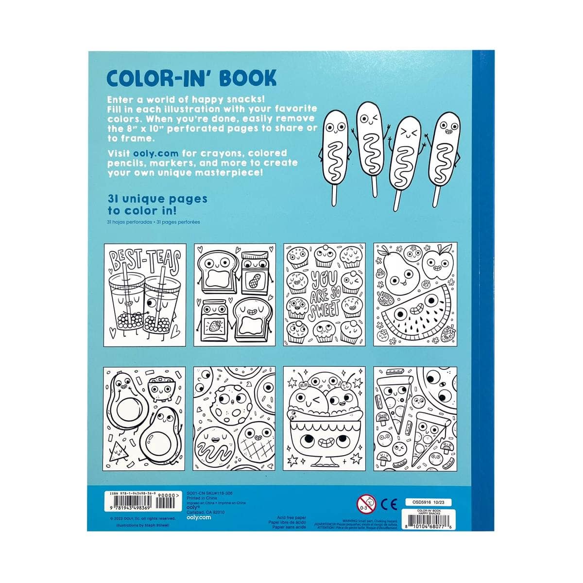 Color-in' Book: Happy Snacks coloring book by OOLY featuring fun snack illustrations for kids to color.