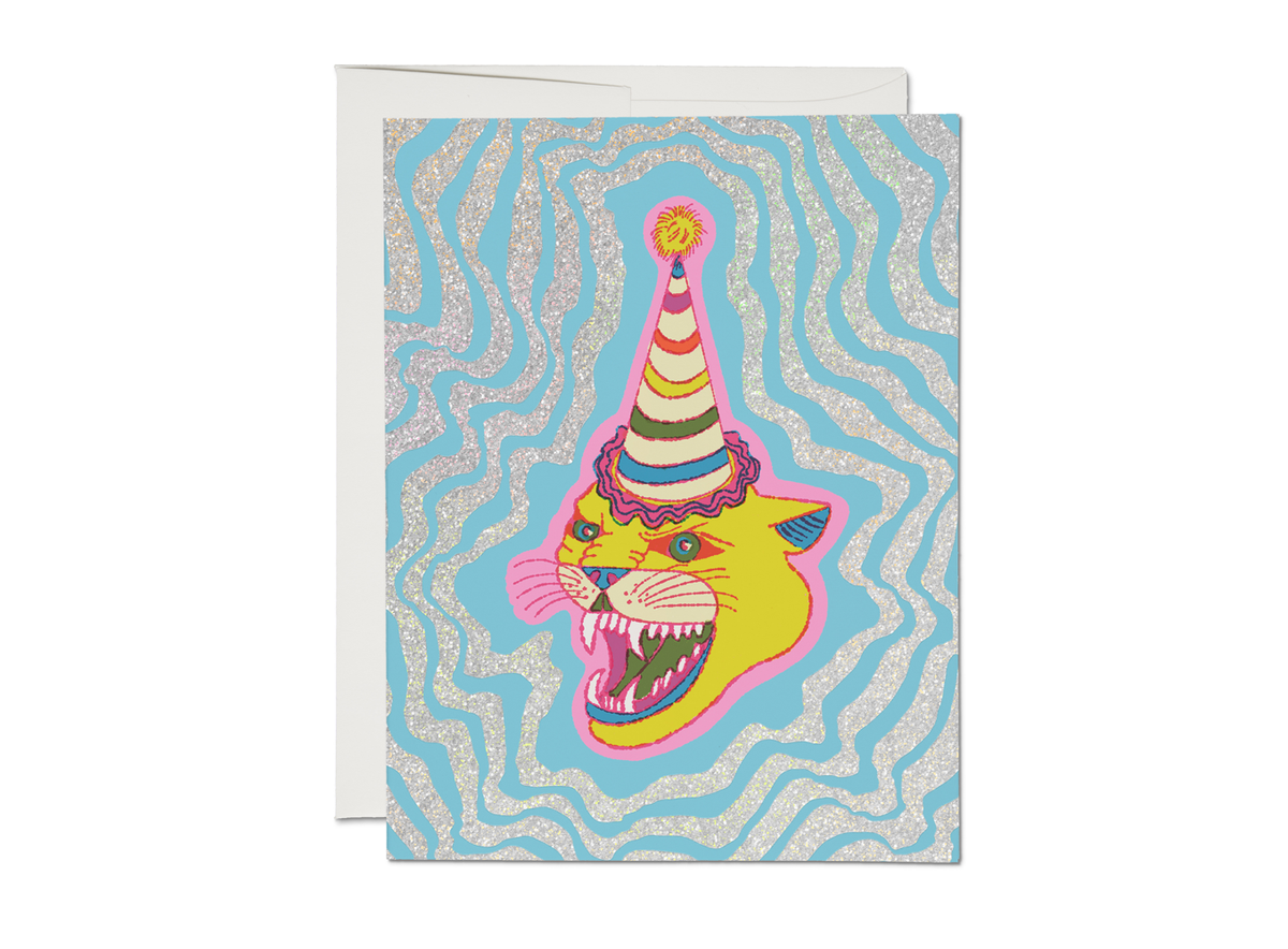 Party hat cat birthday greeting card by Red Cap Cards, featuring a festive cat wearing a colorful party hat illustration.