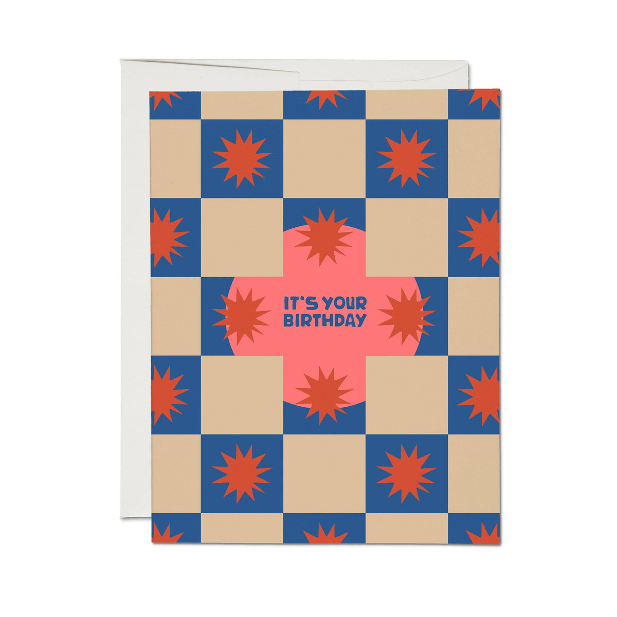Red Cap Cards Squares and Bursts greeting card featuring geometric square and burst patterns on a white background.