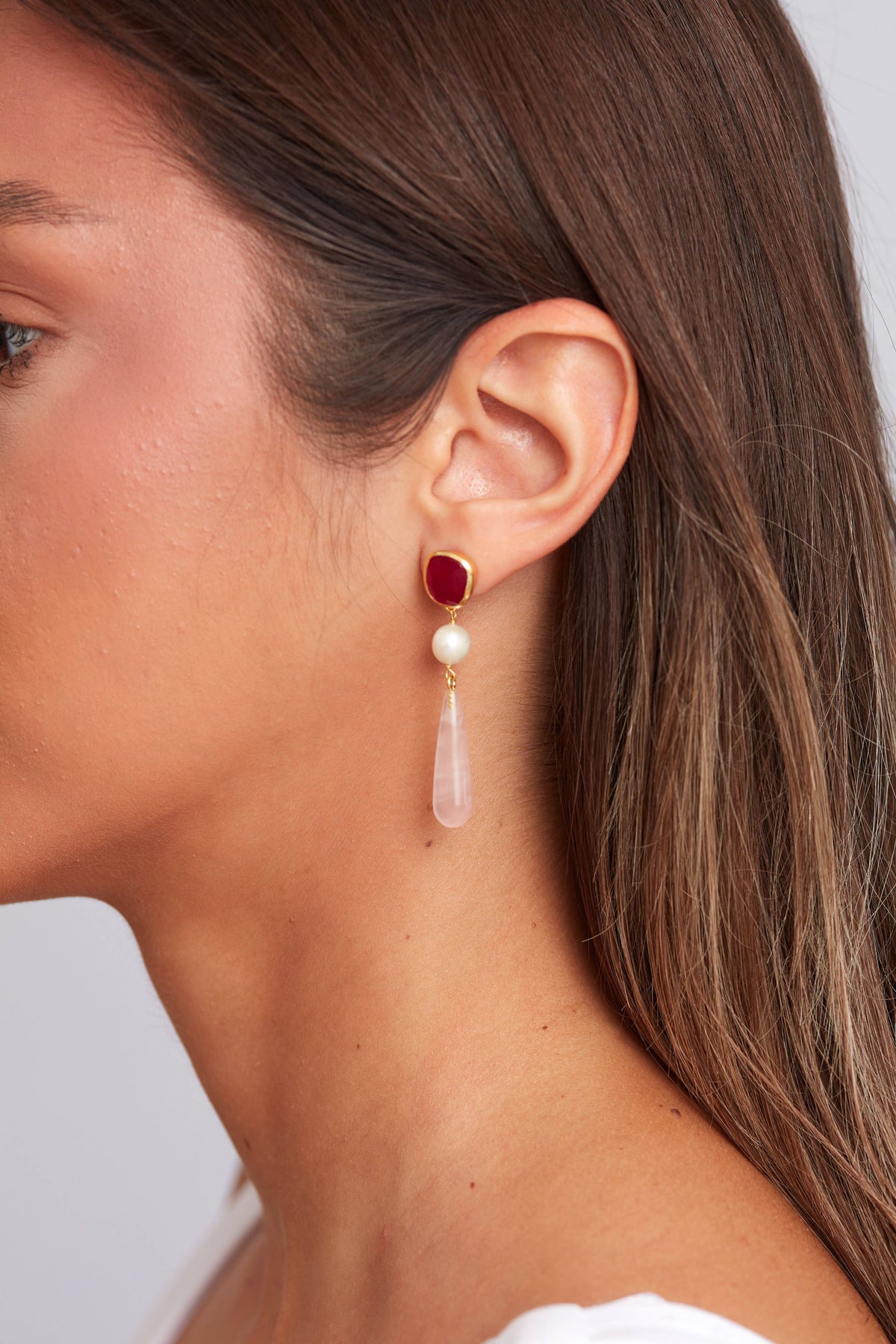 Scarlett Earring Gold Plated - Pearl Rose Quartz & Pink Jade