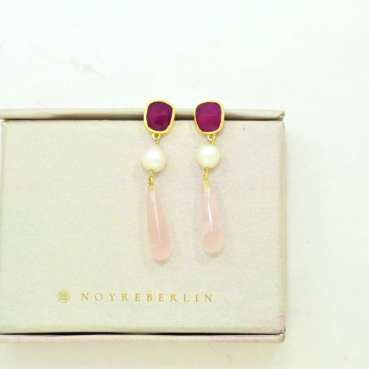 Scarlett Earring Gold Plated - Pearl Rose Quartz & Pink Jade