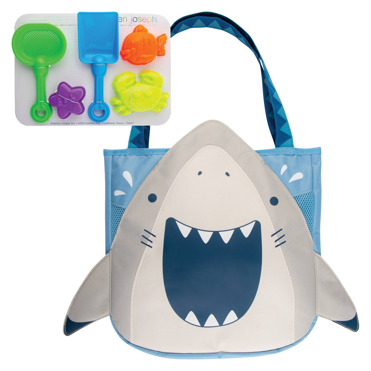 Stephen Joseph Gifts beach tote with shark sand toys play set, featuring a colorful shark design and playful accessories for beach fun.