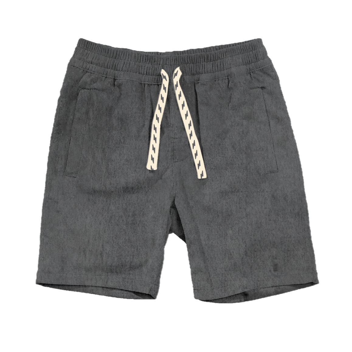 Tiny Whales Bonfire Walking Shorts in navy with orange flame pattern, featuring elastic waistband and casual fit.