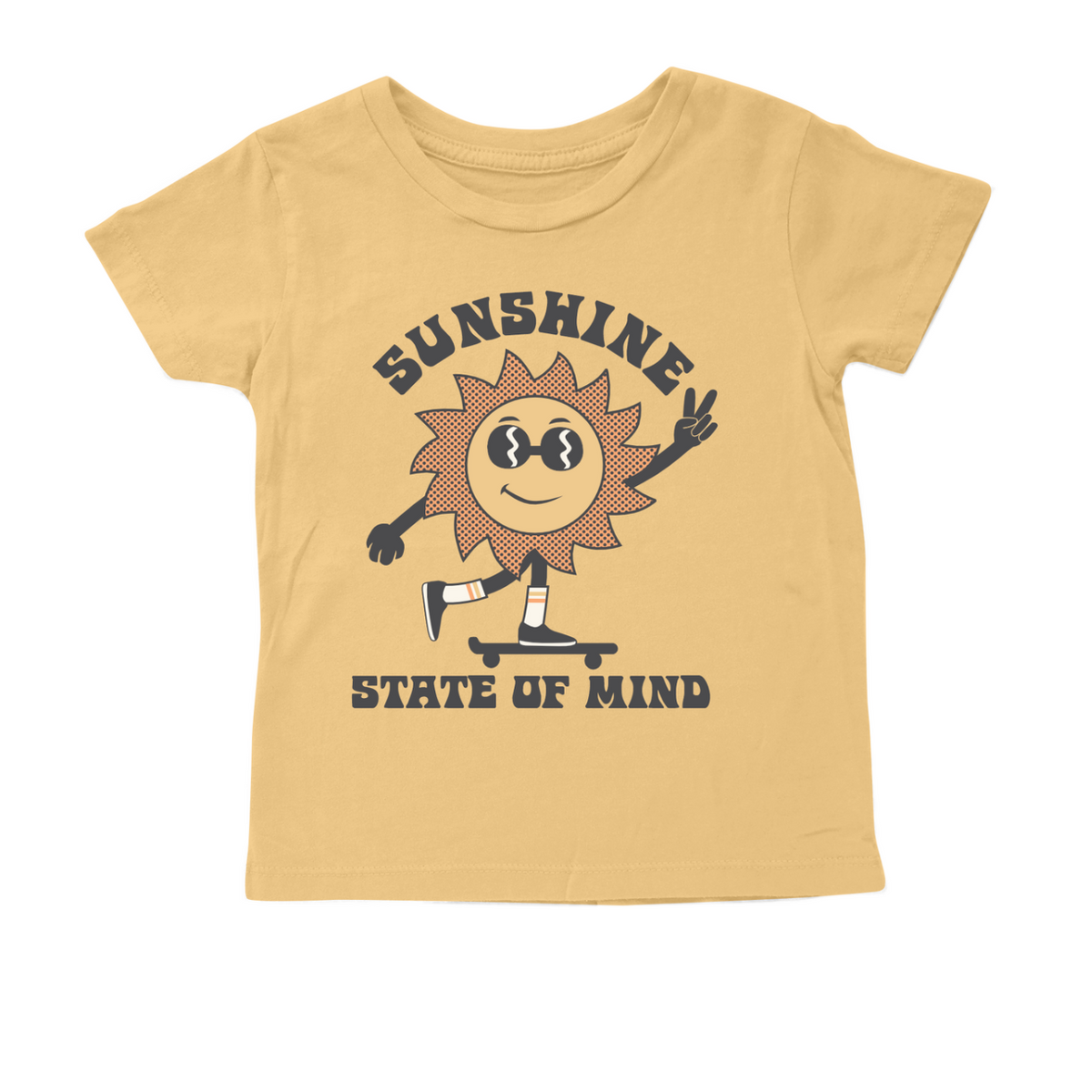 Bright yellow Sunshine State Tee by Tiny Whales featuring a colorful Florida map and cheerful design on soft cotton fabric.
