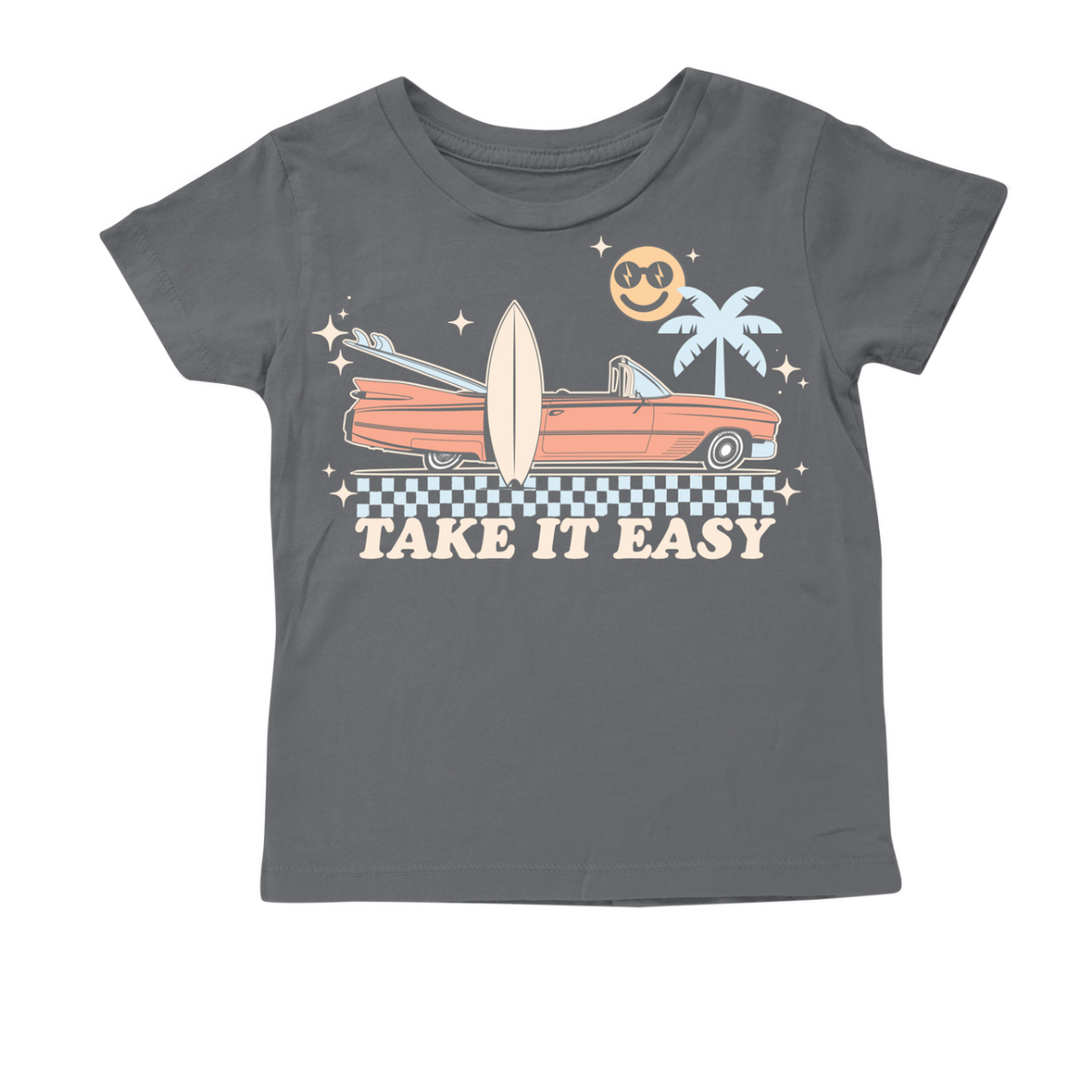 Tiny Whales Take it Easy crew neck tee for toddlers, showing a comfortable, soft cotton shirt in a casual design for kids.