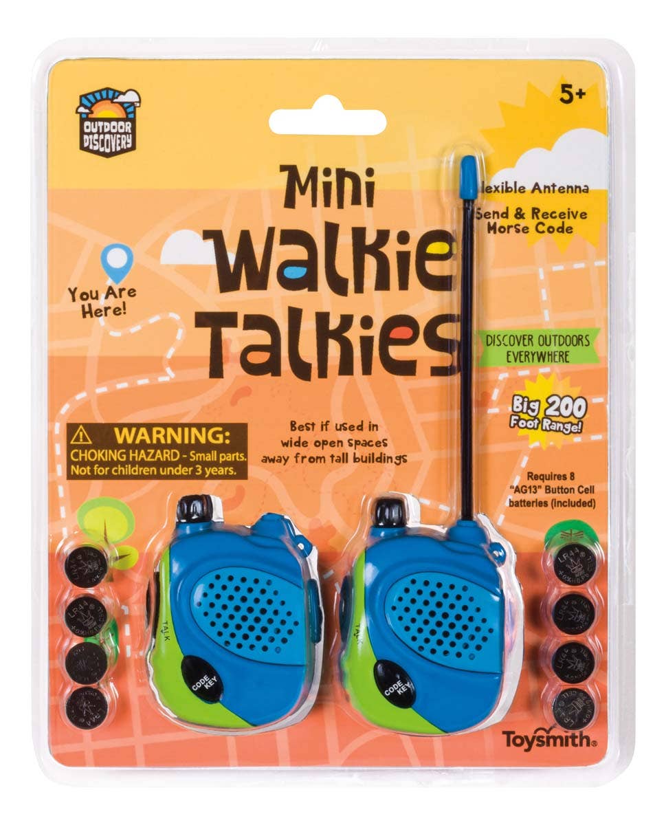 Pair of Toysmith Outdoor Discovery Mini Walkie Talkies for kids, compact communication devices in a set of two.