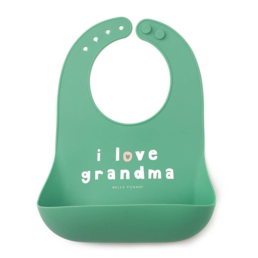 Green Love Grandma Wonder Bib by Bella Tunno, soft silicone bib with a fun design for feeding and mealtime protection.