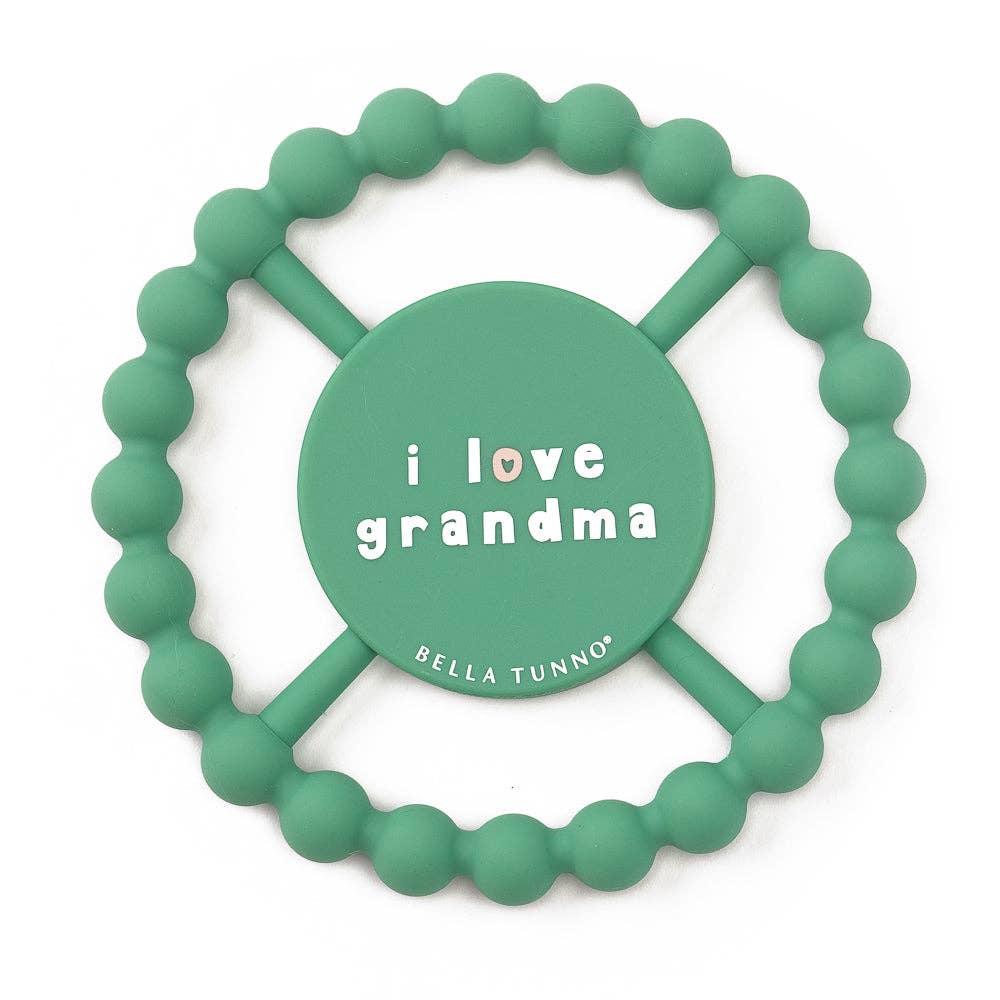 Green Bella Tunno I Love Grandma Happy Teether for babies, featuring a cheerful design and soft, textured surface for soothing gums.