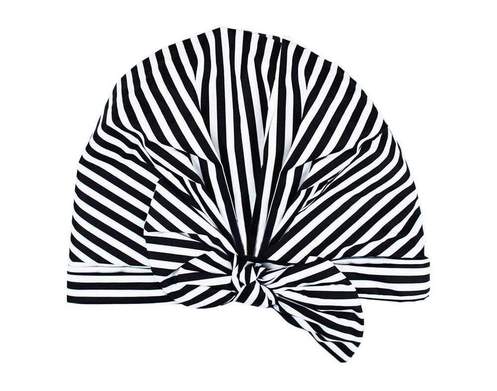 KITSCH luxury shower cap with stylish striped design, waterproof and comfortable for hair protection during showers.