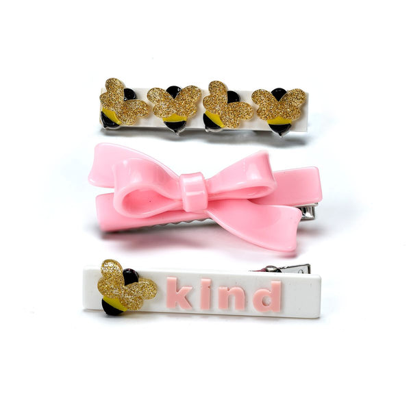 Bees Kind and Pink Bow Hair Clips