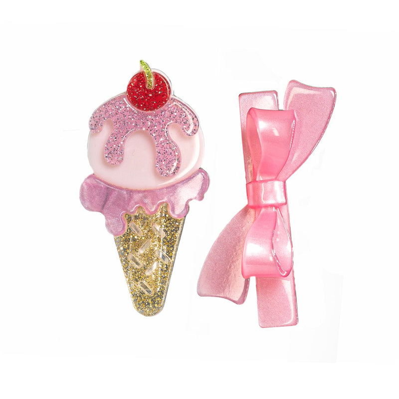 Ice Cream Cone Glitter Pink Bow Hair Clips