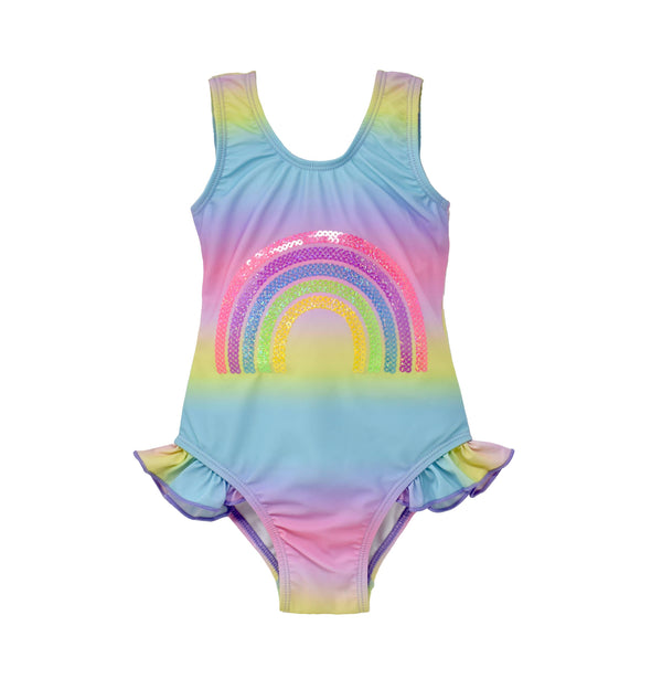 Kids UPF50+ Girls Simone Sequin Hip Ruffle Swimsuit: Sequin Rainbow