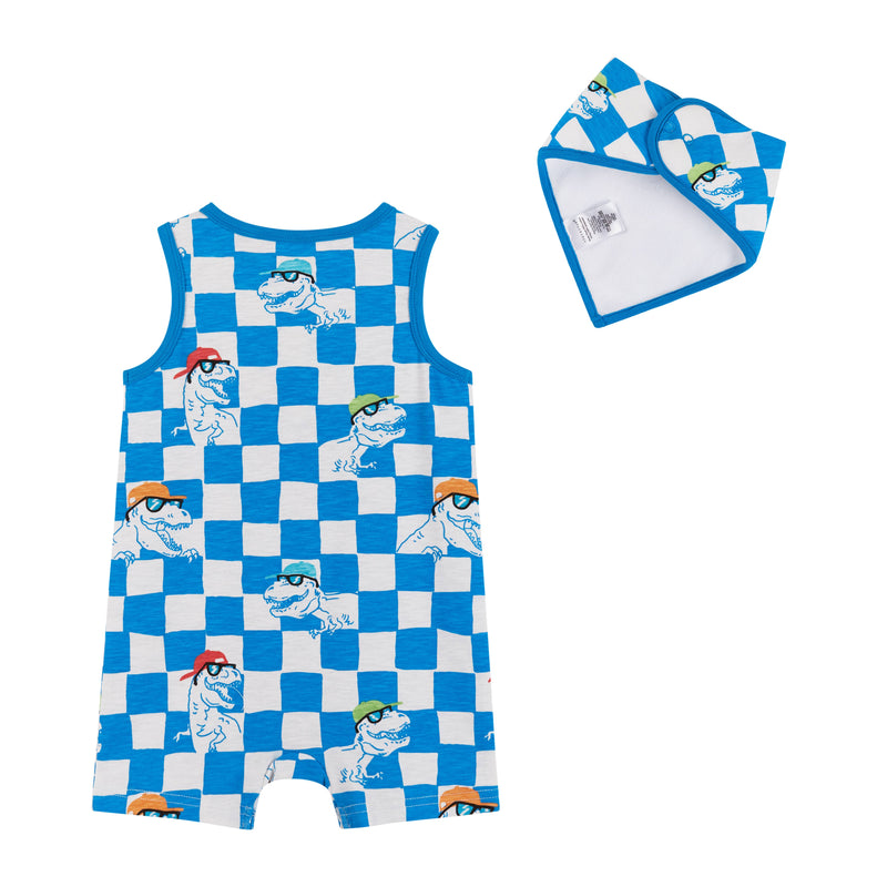 Boys Baby Blue Check Dino Knit Tank Romper w/ Matching Bib