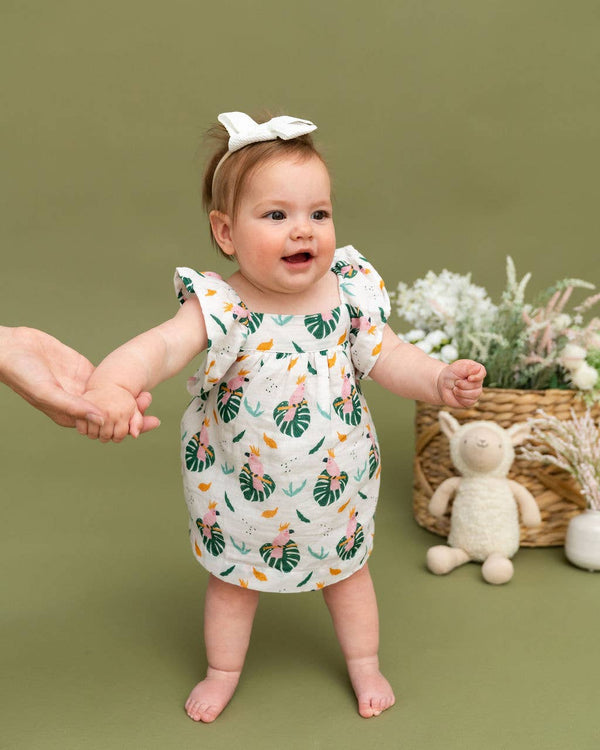 Parrot Ruffle Sleeve Baby Dress + Bloomer (Organic Muslin): LIGHT PINK