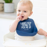 Blue Ladies Pick Me Up Wonder Bib by Bella Tunno with soft fabric and adjustable neck strap for baby feeding protection.