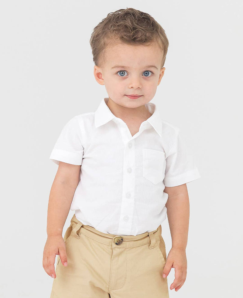 Boys White Dobby Short Sleeve Button Down Shirt: White