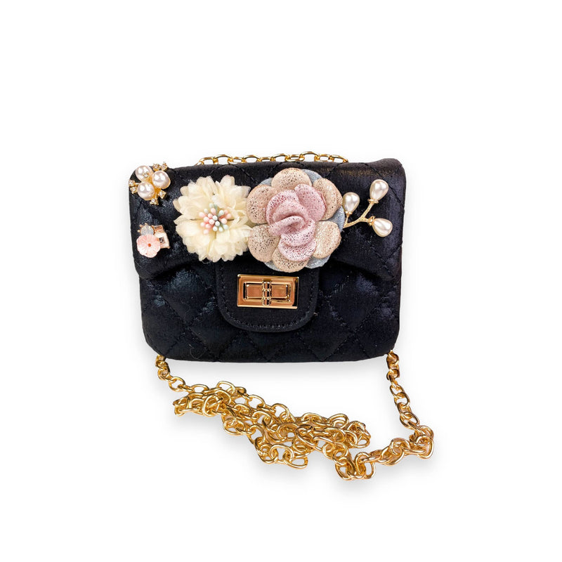 B1222 Floral Appliques Shinny Quilted Purse (5 Colors): PEWTER