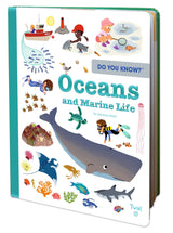 Open book titled "Do You Know?: Oceans and Marine Life" featuring colorful illustrations of marine creatures and ocean scenes.