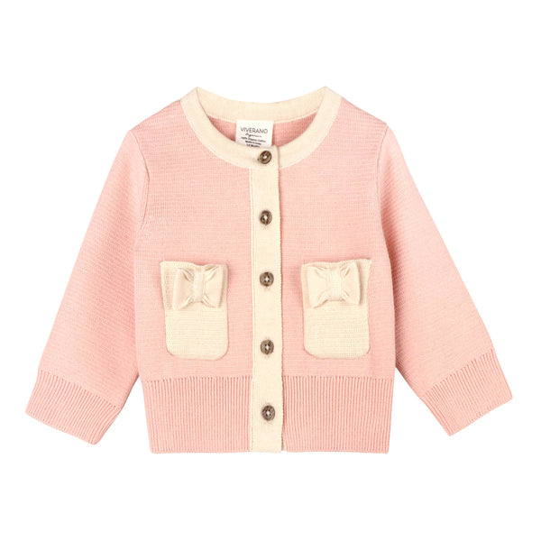 Lily Bow Pockets Sweater Knit Baby Cardigan: Rosewood Pink / 0-3M