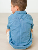 Boys Light Wash Denim Short Sleeve Button Down Shirt: Blue