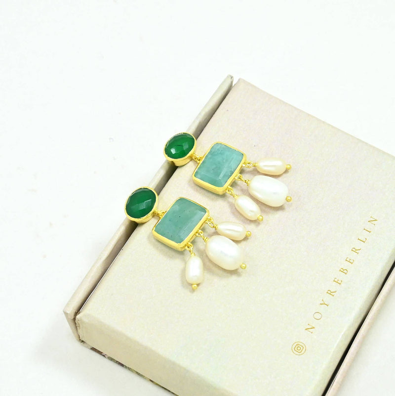 Brooklyn Earring Gold Plated - Pearl, Amazonite & Green Onyx
