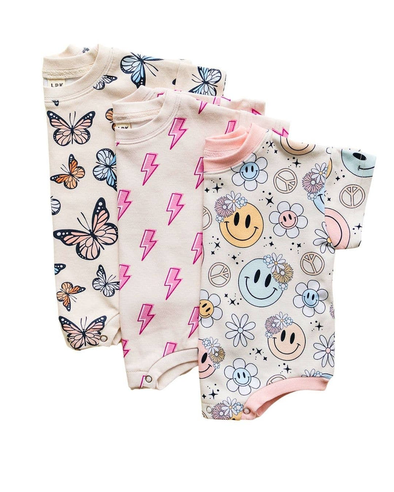 Short Sleeve Bubble Romper | Pink Bolts: 6-12M