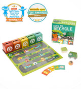 Cover of "Rush to Recycle" book by Chronicle Books featuring colorful recycling-themed illustrations on the front.