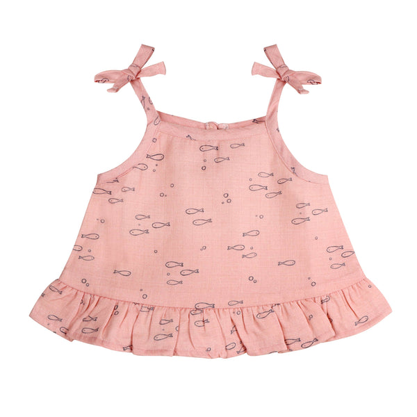 Fishes Shoulder Tie Baby Top & Bottom Set (Organic Muslin): DUSTY PINK