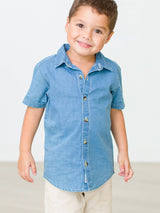 Boys Light Wash Denim Short Sleeve Button Down Shirt: Blue