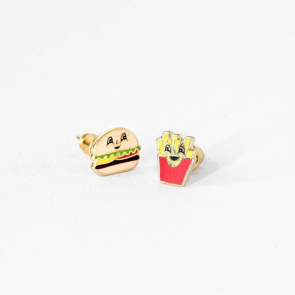 Burgers And Fries Earrings - Gold Foodie Statement Studs
