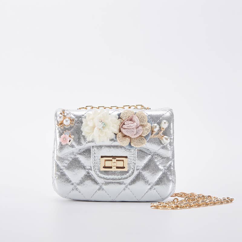 B1222 Floral Appliques Shinny Quilted Purse (5 Colors): PEWTER